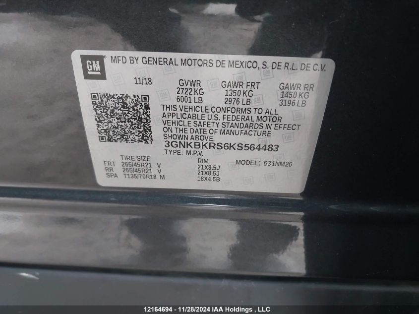 2019 Chevrolet Blazer Premier VIN: 3GNKBKRS6KS564483 Lot: 12164694