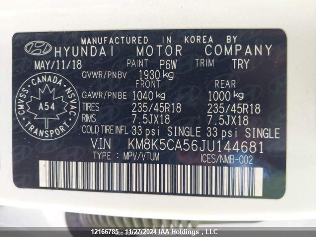 2018 Hyundai Kona VIN: KM8K5CA56JU144681 Lot: 12166785