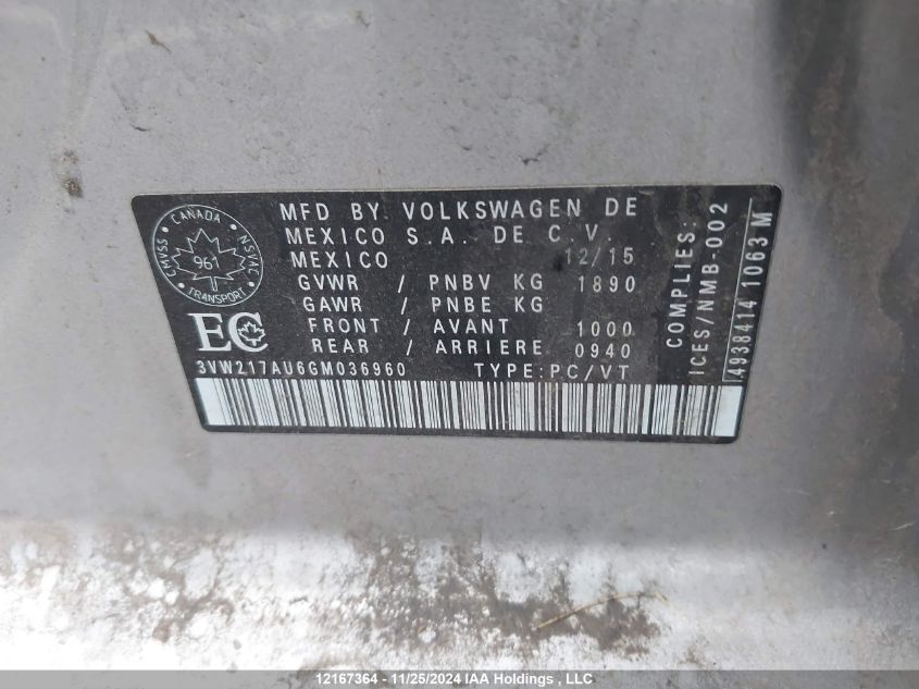 2016 Volkswagen Golf S/Se/Sel VIN: 3VW217AU6GM036960 Lot: 12167364