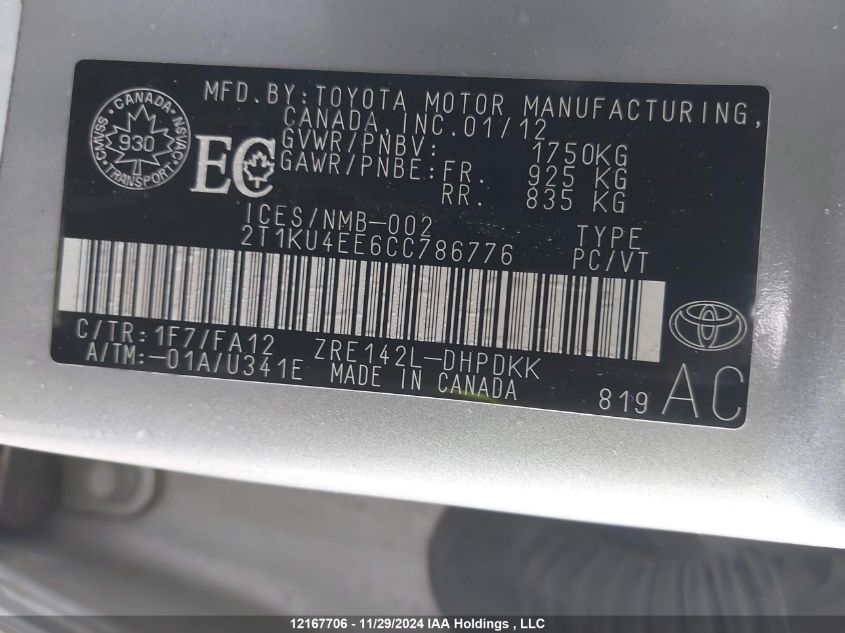 2012 Toyota Matrix VIN: 2T1KU4EE6CC786776 Lot: 12167706