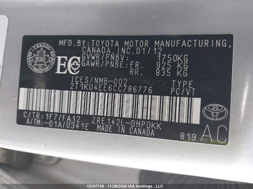 2012 Toyota Matrix VIN: 2T1KU4EE6CC786776 Lot: 12167706