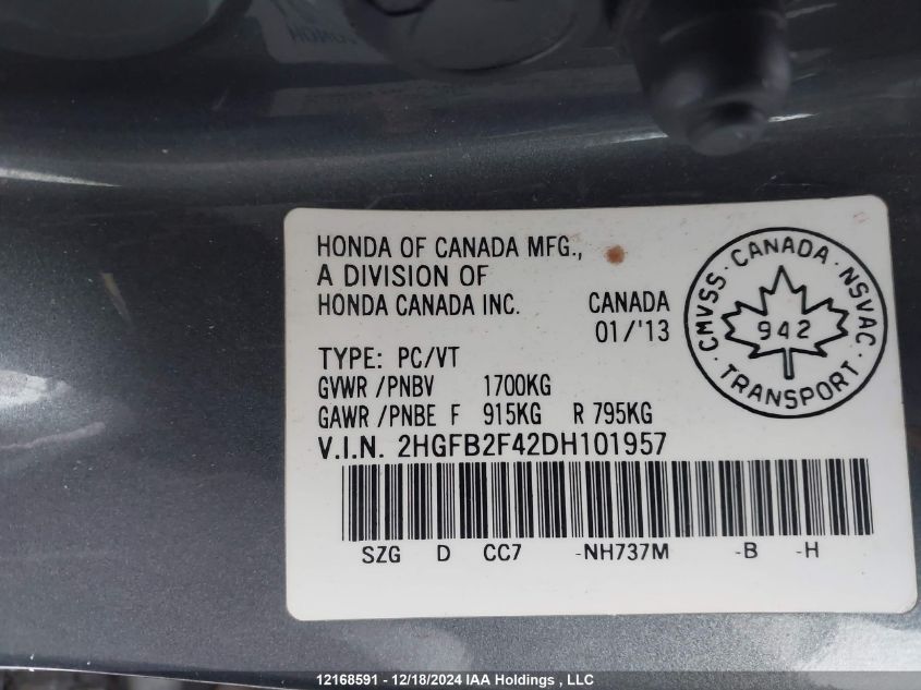 2013 Honda Civic Sdn VIN: 2HGFB2F42DH101957 Lot: 12168591