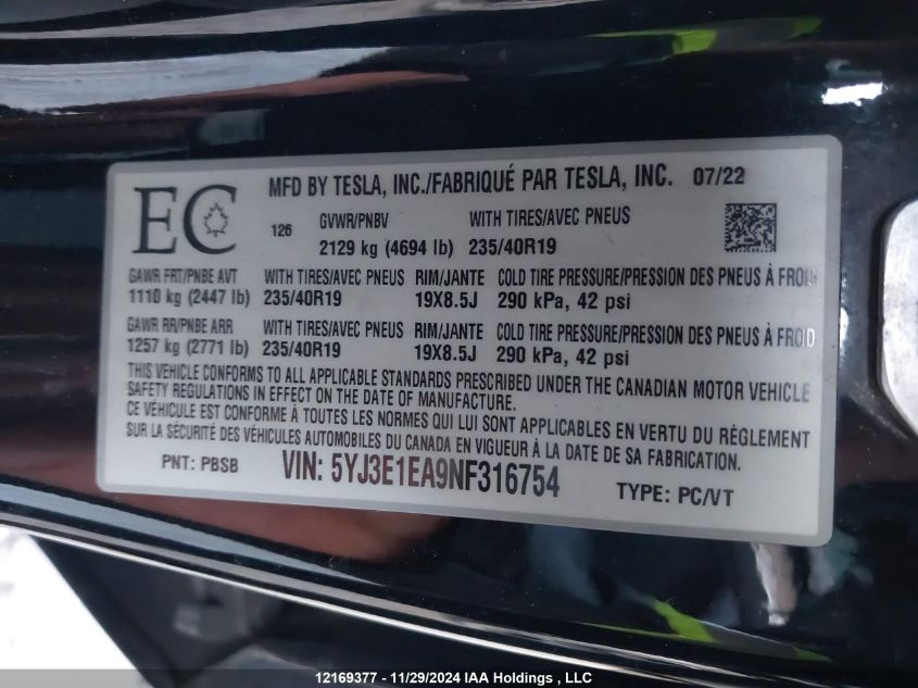 2022 Tesla Model 3 VIN: 5YJ3E1EA9NF316754 Lot: 12169377