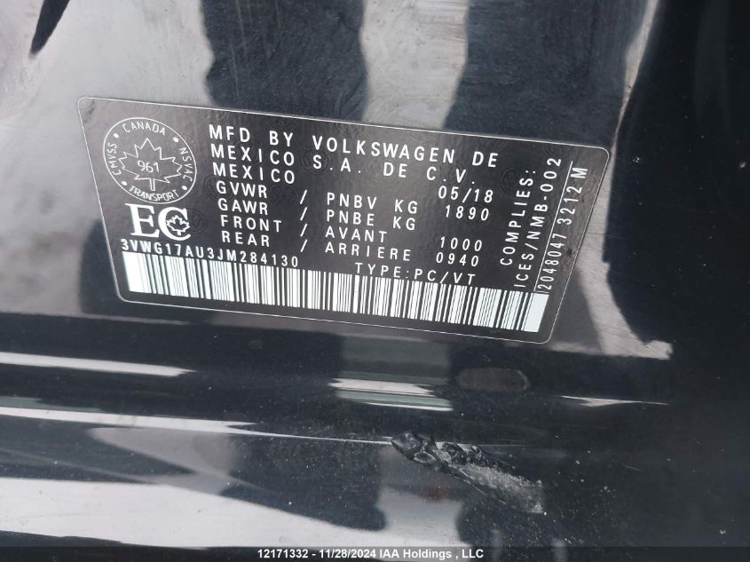 2018 Volkswagen Golf VIN: 3VWG17AU3JM284130 Lot: 12171332