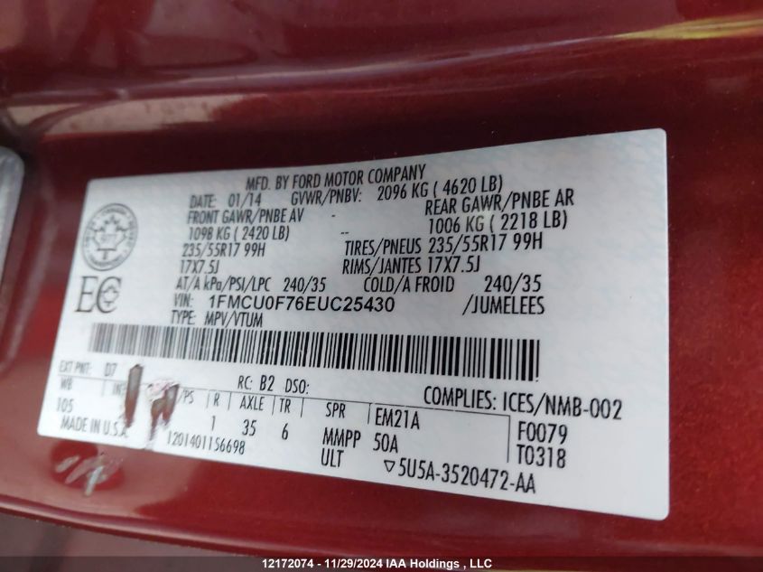 2014 Ford Escape S VIN: 1FMCU0F76EUC25430 Lot: 12172074