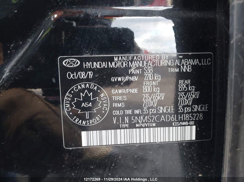 2020 Hyundai Santa Fe Se VIN: 5NMS2CAD6LH185228 Lot: 12172269
