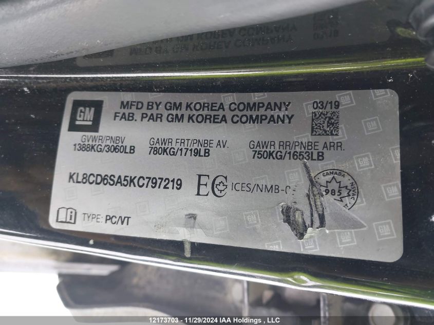 2019 Chevrolet Spark VIN: KL8CD6SA5KC797219 Lot: 12173703