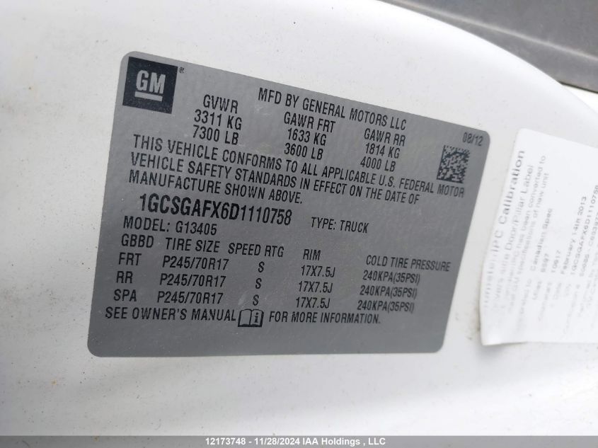 2013 Chevrolet Express 1500 Work Van VIN: 1GCSGAFX6D1110758 Lot: 12173748