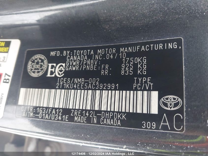 2010 Toyota Matrix Wagon VIN: 2T1KU4EE5AC392991 Lot: 12174406