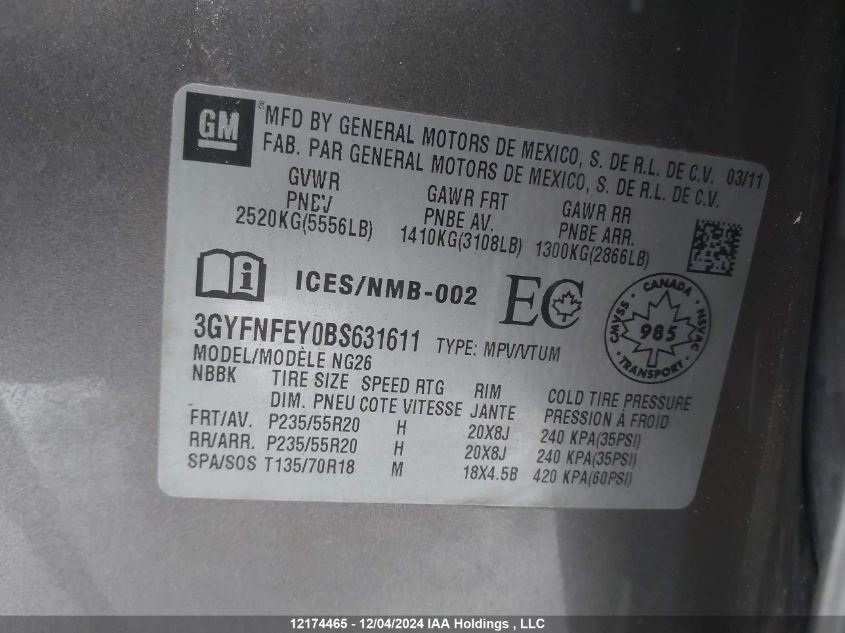 2011 Cadillac Srx VIN: 3GYFNFEY0BS631611 Lot: 12174465