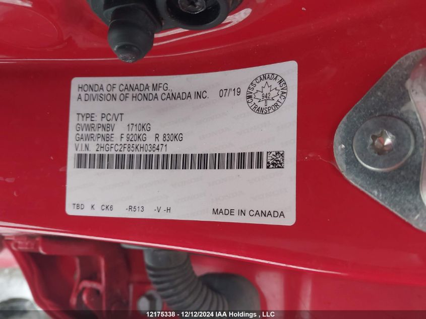2019 Honda Civic Sedan VIN: 2HGFC2F85KH036471 Lot: 12175338