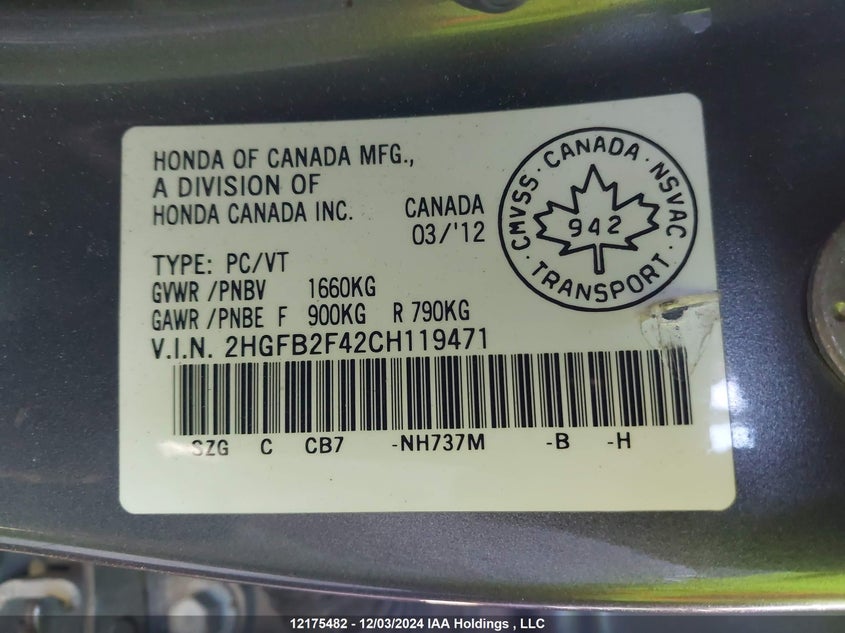 2012 Honda Civic Sdn VIN: 2HGFB2F42CH119471 Lot: 12175482