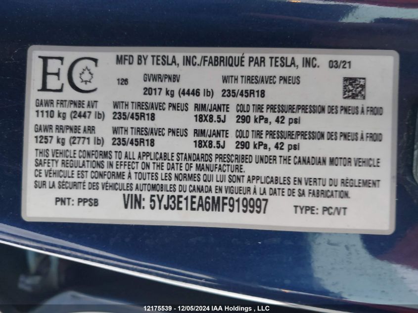 2021 Tesla Model 3 VIN: 5YJ3E1EA6MF919997 Lot: 12175539