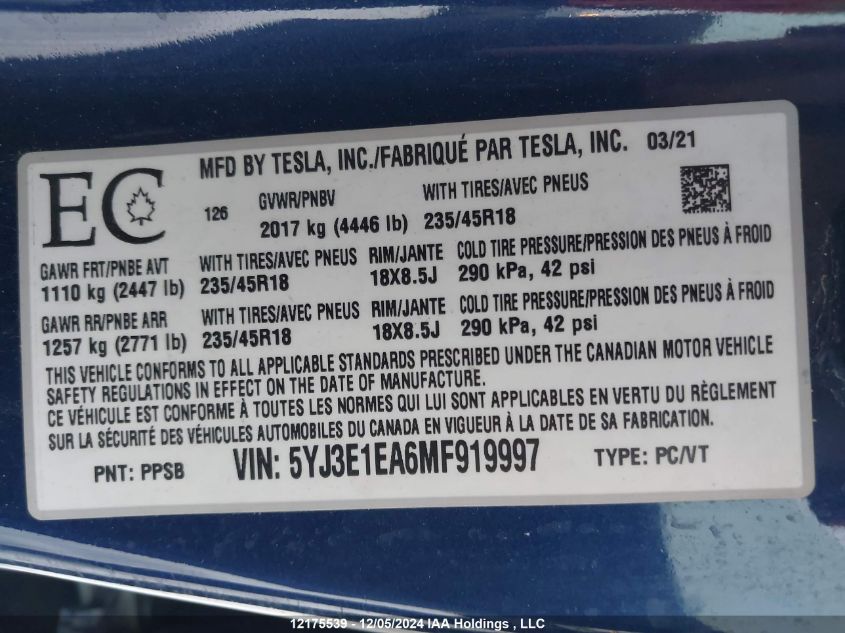 2021 Tesla Model 3 VIN: 5YJ3E1EA6MF919997 Lot: 12175539