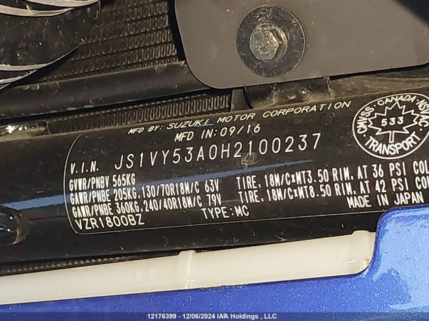 2017 Suzuki Vzr1800 VIN: JS1VY53A0H2100237 Lot: 12176399