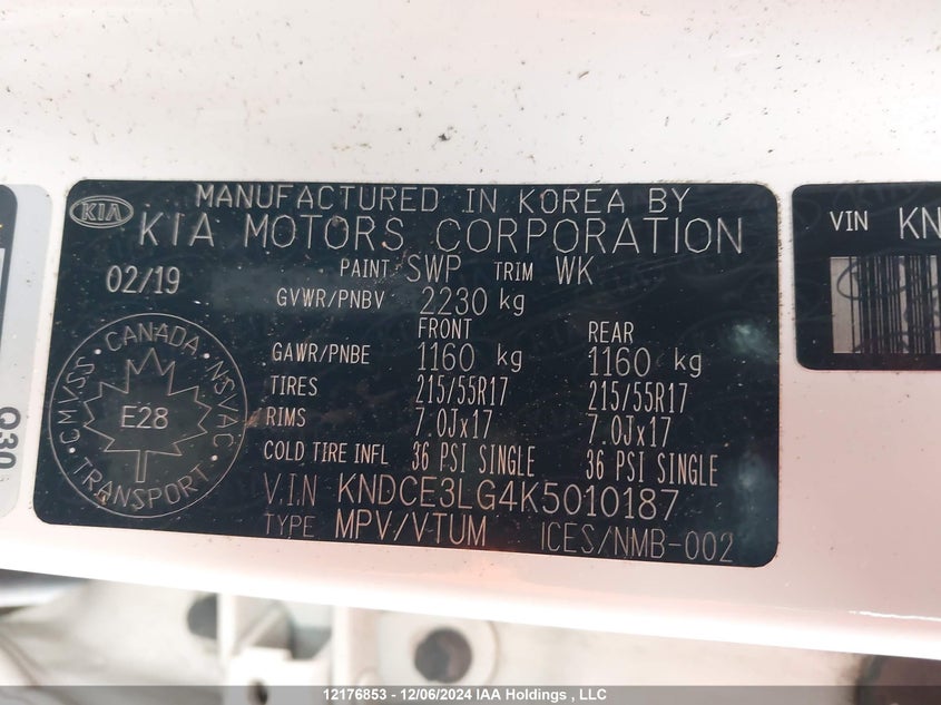2019 Kia Niro Ev VIN: KNDCE3LG4K5010187 Lot: 12176853