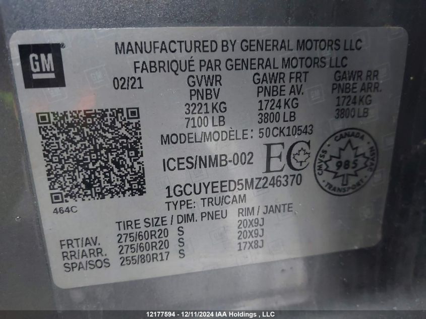 2021 Chevrolet Silverado 1500 VIN: 1GCUYEED5MZ246370 Lot: 12177594