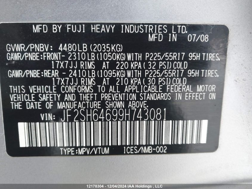 2009 Subaru Forester VIN: JF2SH64699H743081 Lot: 12178304