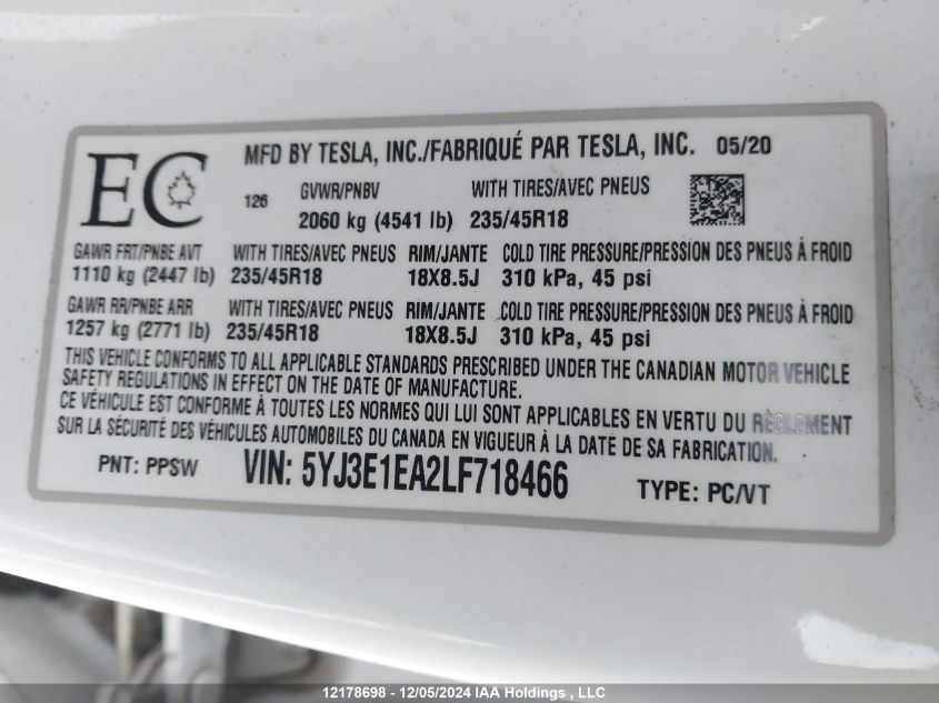 2020 Tesla Model 3 VIN: 5YJ3E1EA2LF718466 Lot: 12178698