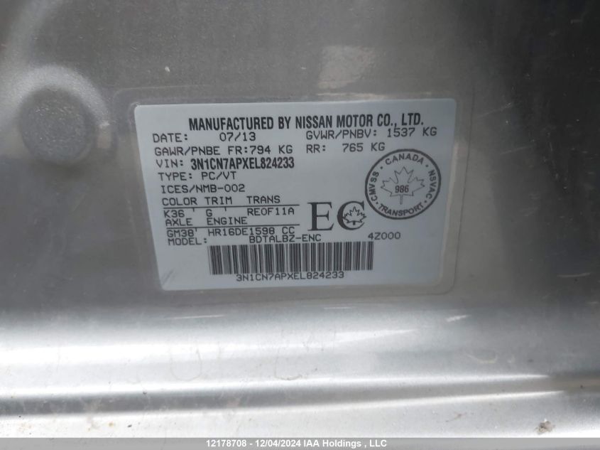 2014 Nissan Versa VIN: 3N1CN7APXEL824233 Lot: 12178708