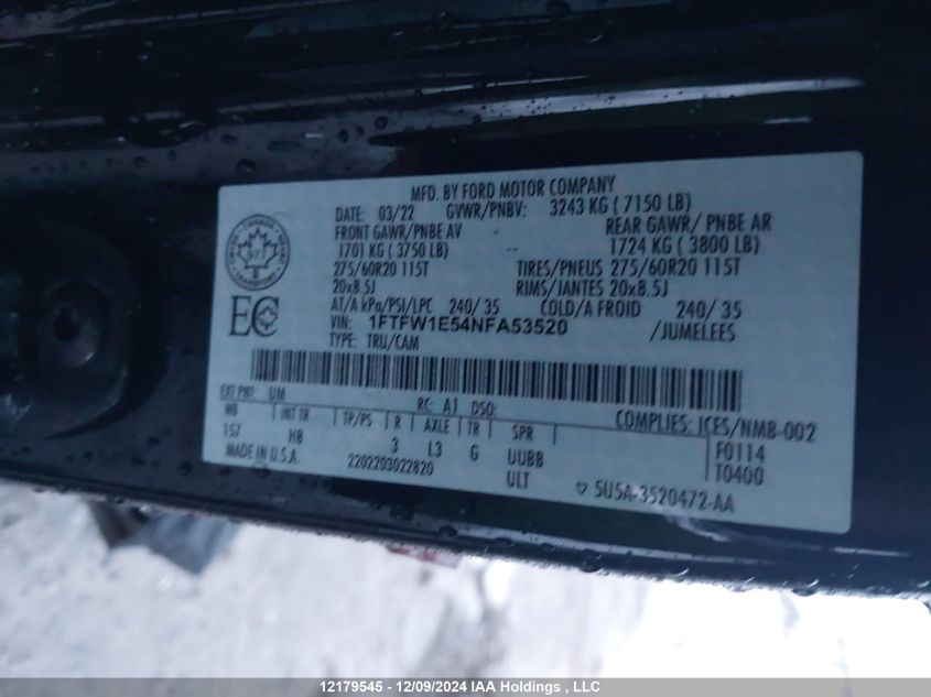 2022 Ford F-150 Lariat VIN: 1FTFW1E54NFA53520 Lot: 12179545