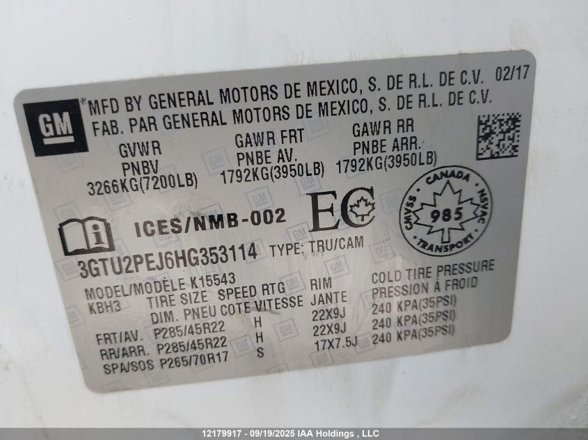 2017 GMC Sierra 1500 VIN: 3GTU2PEJ6HG353114 Lot: 12179917