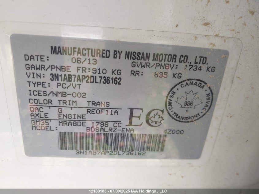 2013 Nissan Sentra VIN: 3N1AB7AP2DL736162 Lot: 12180183