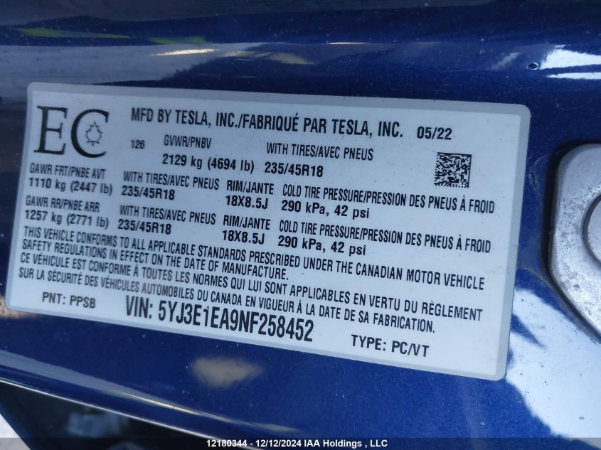 2022 Tesla Model 3 VIN: 5YJ3E1EA9NF258452 Lot: 12180344