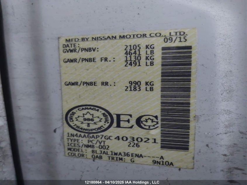 2016 Nissan Maxima VIN: 1N4AA6AP7GC403021 Lot: 12180864