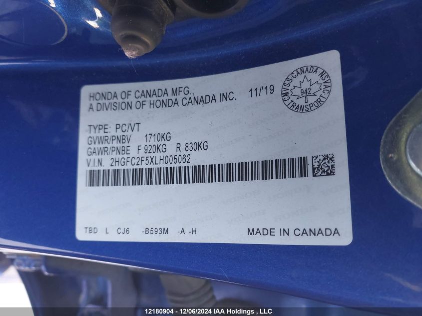 2020 Honda Civic Sedan VIN: 2HGFC2F5XLH005062 Lot: 12180904