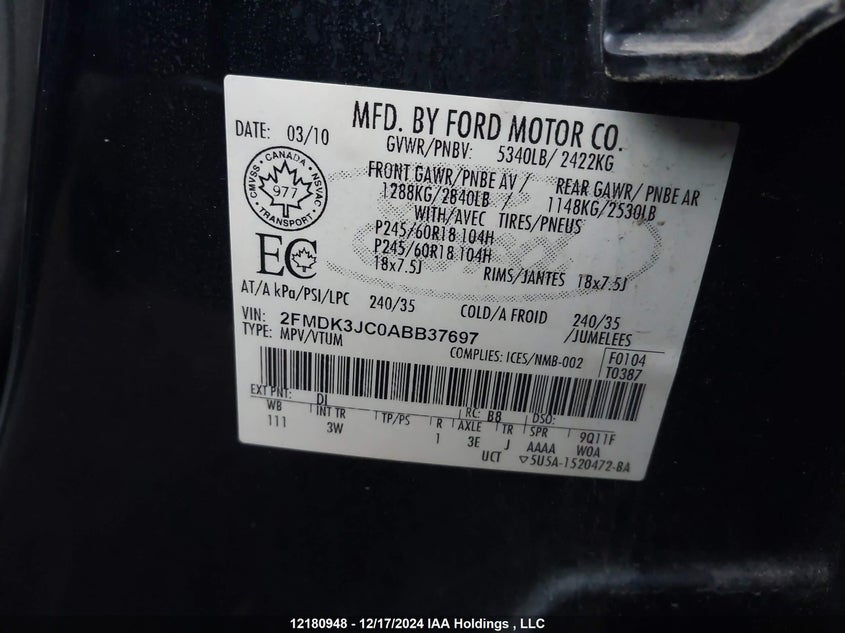 2010 Ford Edge VIN: 2FMDK3JC0ABB37697 Lot: 12180948