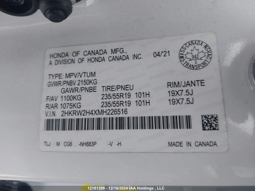 2021 Honda Cr-V VIN: 2HKRW2H4XMH226516 Lot: 12181399