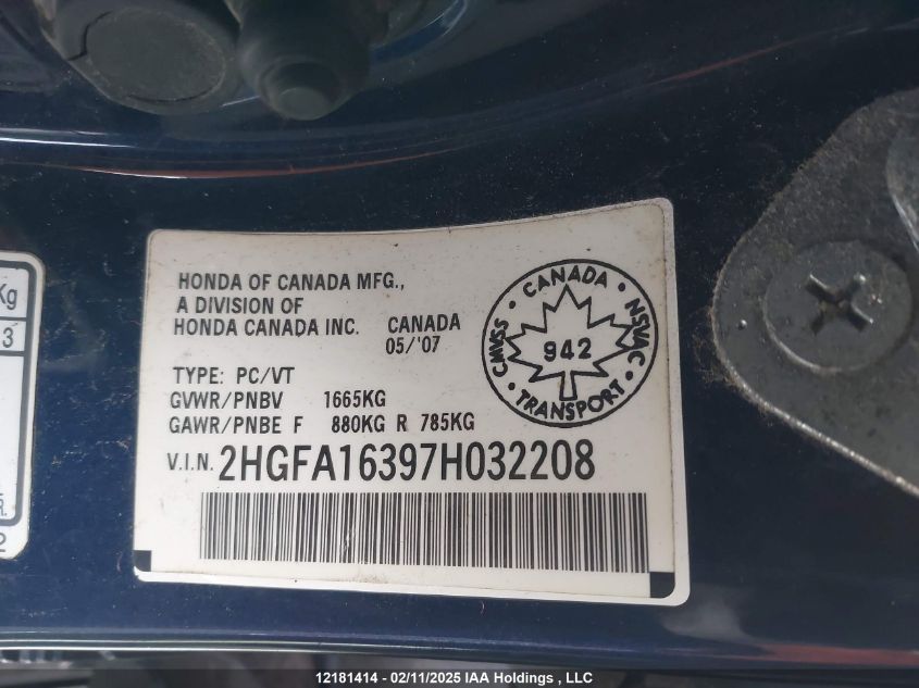2007 Honda Civic Sdn VIN: 2HGFA16397H032208 Lot: 12181414