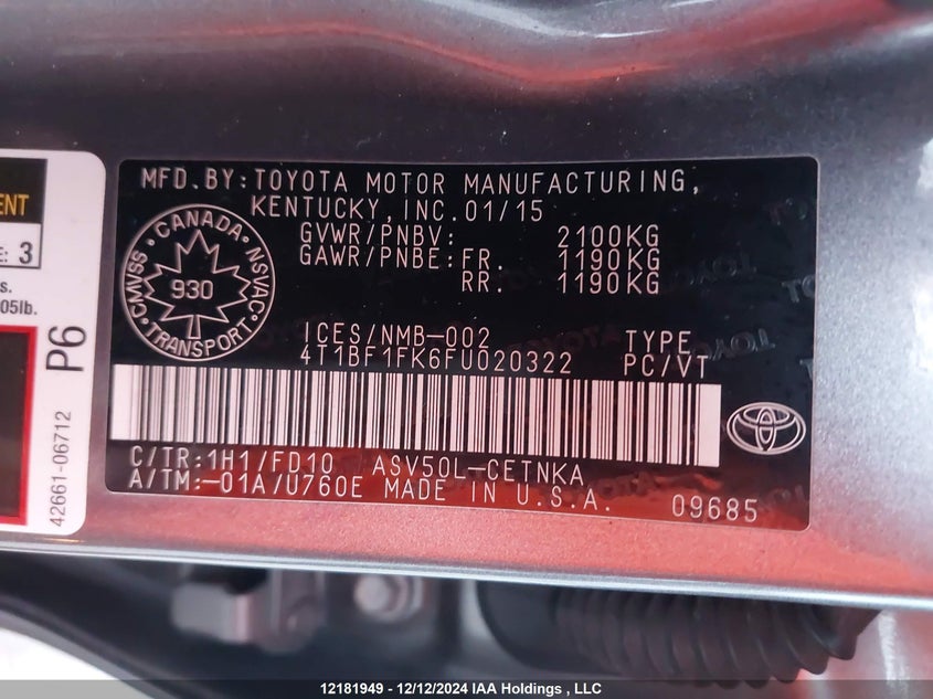 2015 Toyota Camry Le/Se/Xle/Xse VIN: 4T1BF1FK6FU020322 Lot: 12181949