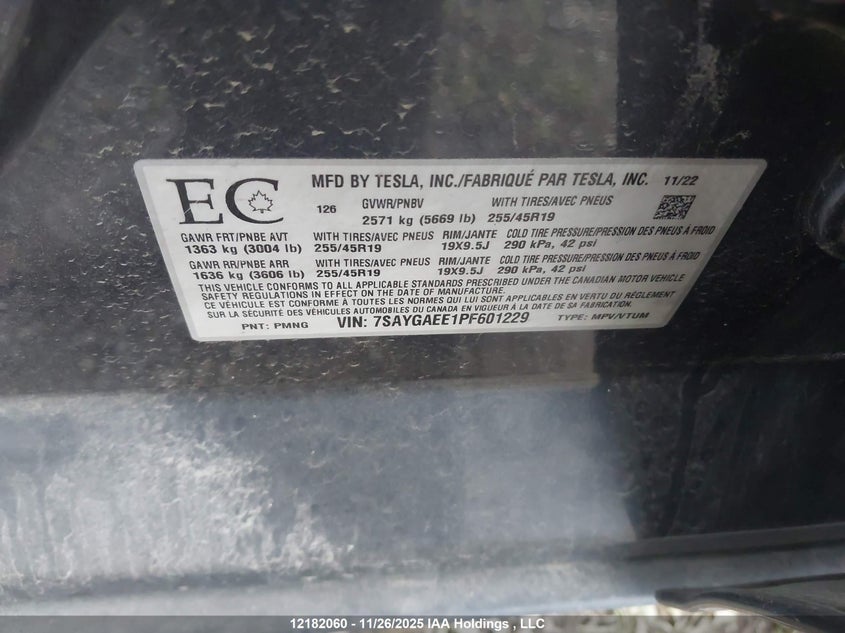 2023 Tesla Model Y VIN: 7SAYGAEE1PF601229 Lot: 12182060