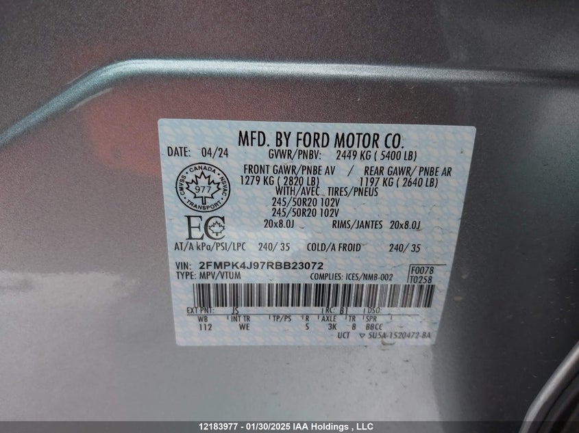 Auction sale of the 2024 Ford Edge , vin: 2FMPK4J97RBB23072, lot number: 12183977