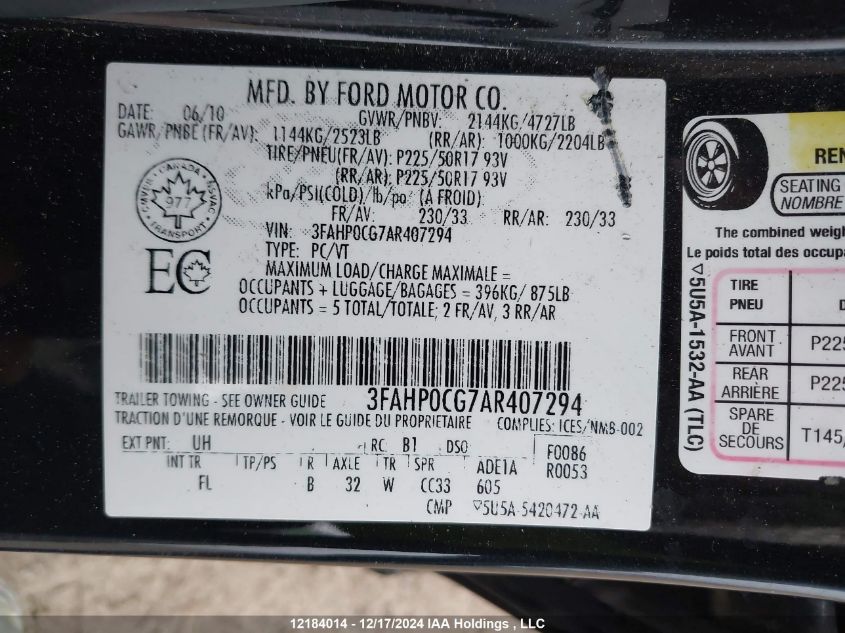 2010 Ford Fusion Sel VIN: 3FAHP0CG7AR407294 Lot: 12184014