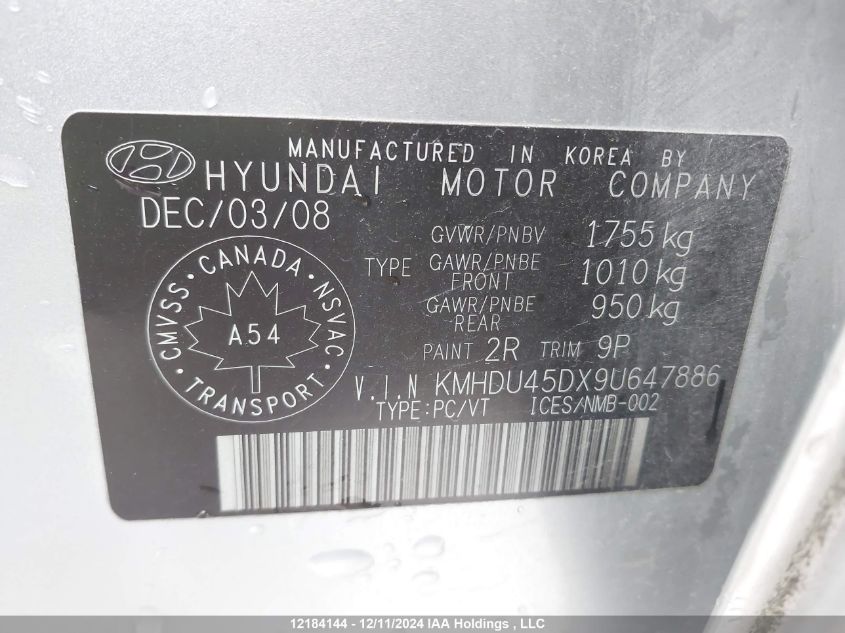 2009 Hyundai Elantra VIN: KMHDU45DX9U647886 Lot: 12184144