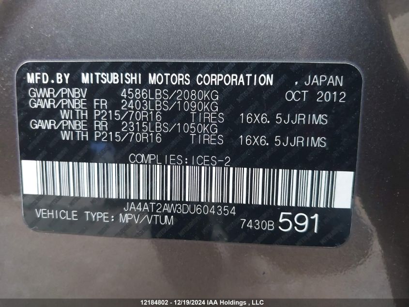 2013 Mitsubishi Outlander VIN: JA4AT2AW3DU604354 Lot: 12184802