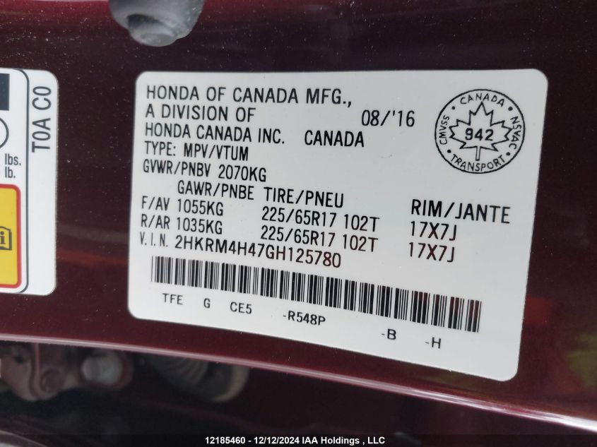 Auction sale of the 2016 HONDA CR V , vin: 2HKRM4H47GH125780, lot number: 12185460