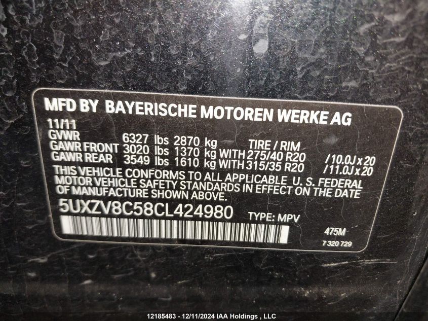 2012 BMW X5 xDrive50I VIN: 5UXZV8C58CL424980 Lot: 12185483