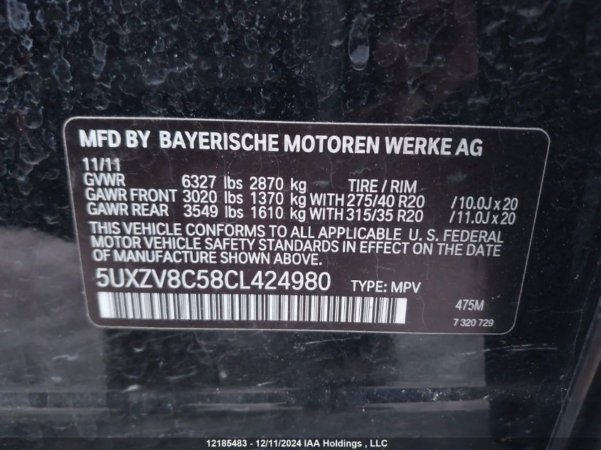 2012 BMW X5 xDrive50I VIN: 5UXZV8C58CL424980 Lot: 12185483