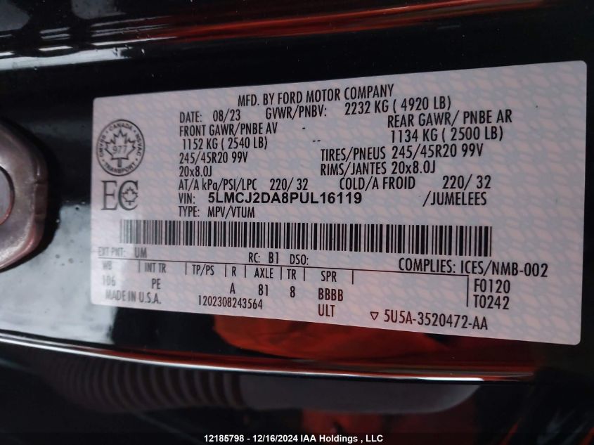 2023 Lincoln Corsair Reserve VIN: 5LMCJ2DA8PUL16119 Lot: 12185798