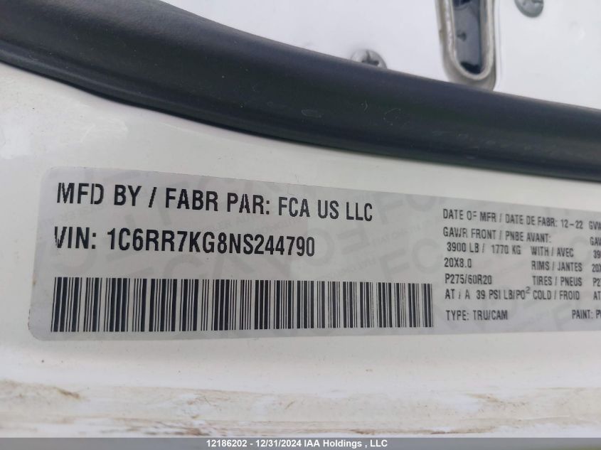 2022 Ram 1500 Classic Tradesman VIN: 1C6RR7KG8NS244790 Lot: 12186202