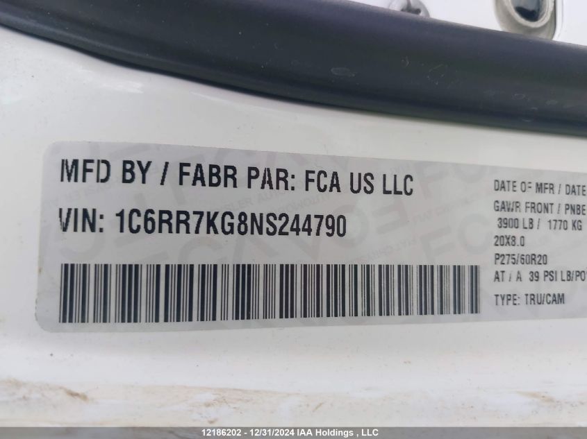 2022 Ram 1500 Classic Tradesman VIN: 1C6RR7KG8NS244790 Lot: 12186202