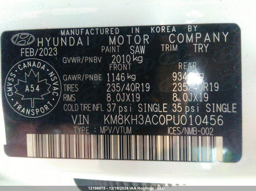 2023 Hyundai Kona N 2.0T VIN: KM8KH3AC0PU010456 Lot: 12186875