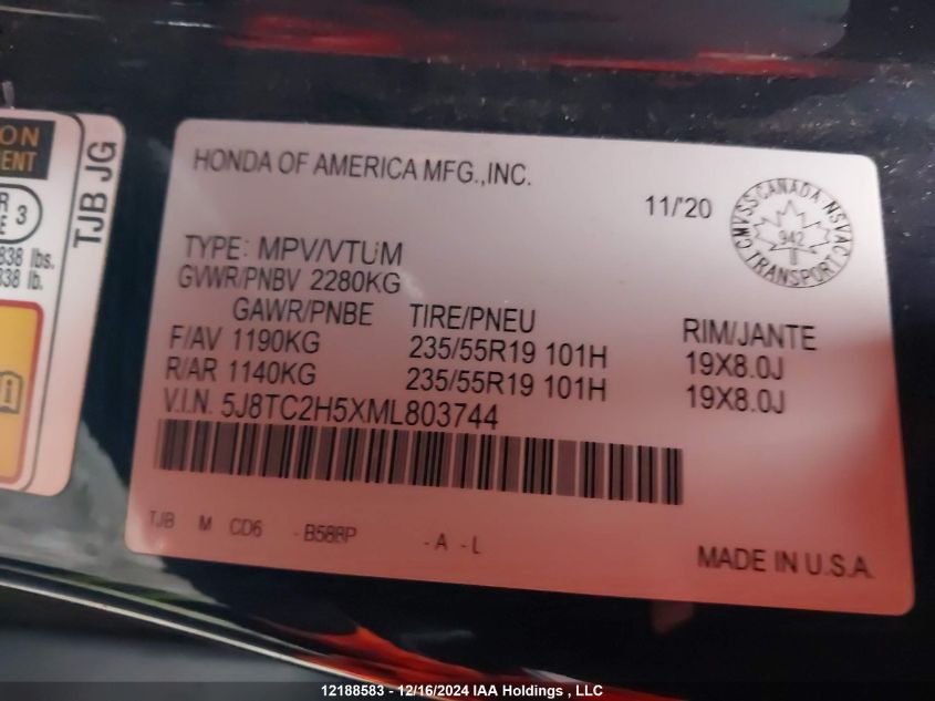 2021 Acura Rdx VIN: 5J8TC2H5XML803744 Lot: 12188583