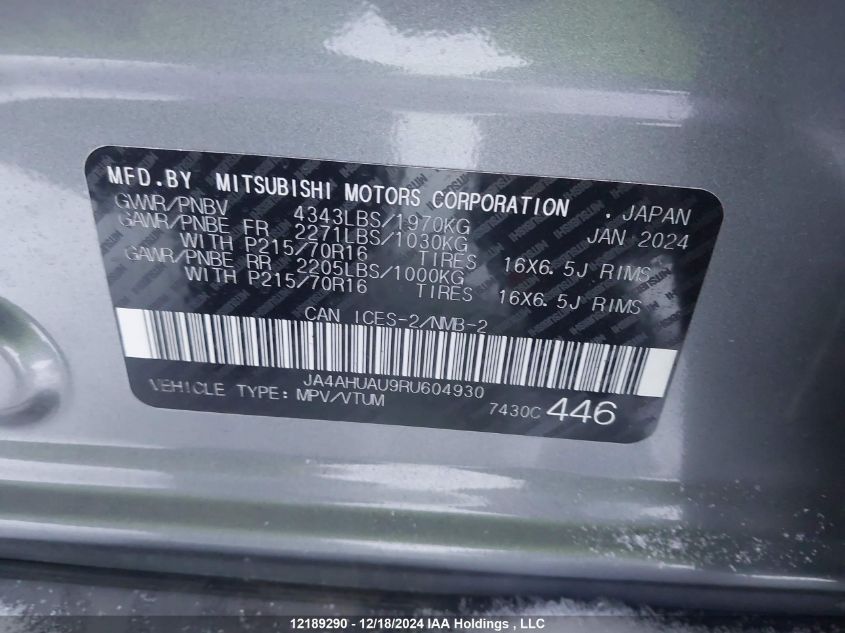 2024 Mitsubishi Rvr Es VIN: JA4AHUAU9RU604930 Lot: 12189290