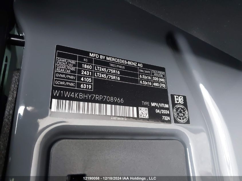 2024 Mercedes-Benz Sprinter Van VIN: W1W4KBHY7RP708966 Lot: 12190058