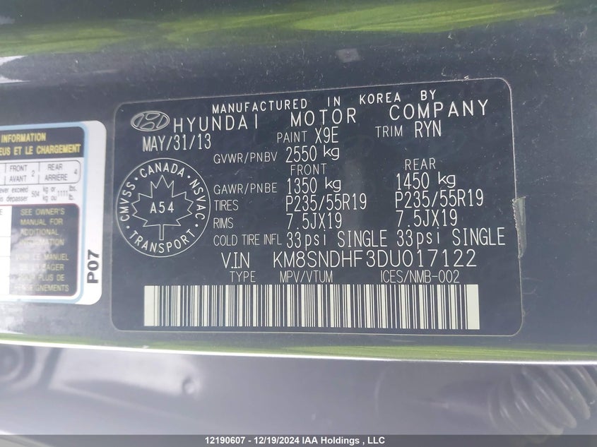 2013 Hyundai Santa Fe Xl Limited VIN: KM8SNDHF3DU017122 Lot: 12190607